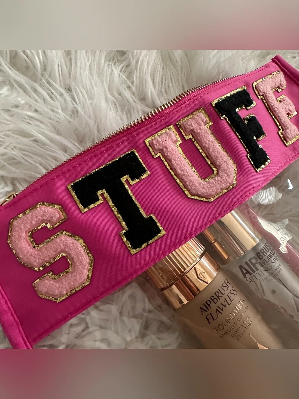 GLAM Clear Makeup Pouch with Chenille Patch Lettering - read description